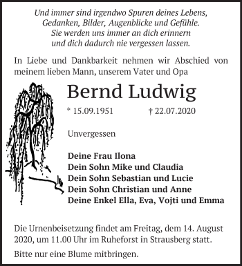 Traueranzeige von Bernd Ludwig von Märkische Oderzeitung