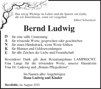 Traueranzeige von Bernd Ludwig von Märkische Oderzeitung