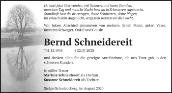 Traueranzeige von Bernd Schneidereit von Märkische Oderzeitung