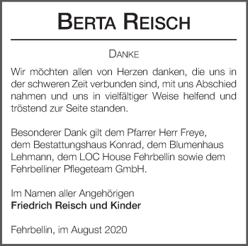 Traueranzeige von Berta Reisch von Märkische Oderzeitung