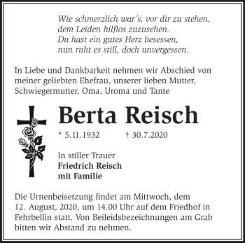 Traueranzeige von Berta Reisch von Märkische Oderzeitung