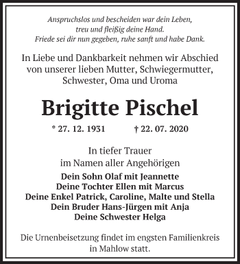 Traueranzeige von Brigitte Pischel von Märkische Oderzeitung