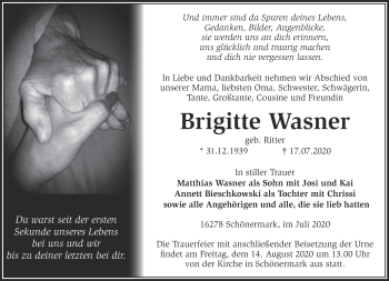 Traueranzeige von Brigitte Wasner von Märkische Oderzeitung