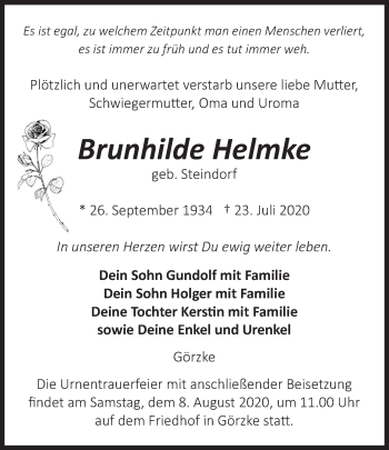 Traueranzeige von Brunhilde Helmke von Märkische Oderzeitung