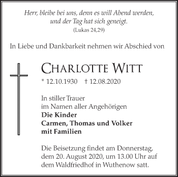 Traueranzeige von Charlotte Witt von Märkische Oderzeitung