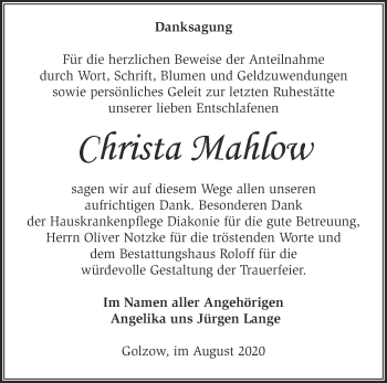 Traueranzeige von Christa Mahlow von Märkische Oderzeitung