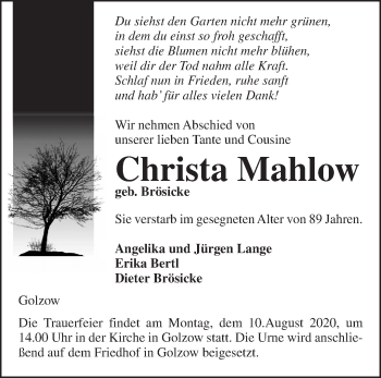 Traueranzeige von Christa Mahlow von Märkische Oderzeitung