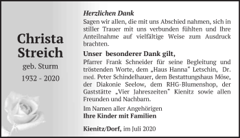 Traueranzeige von Christa Streich von Märkische Oderzeitung