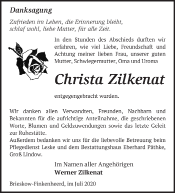 Traueranzeige von Christa Zilkenat von Märkische Oderzeitung