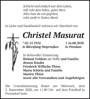 Traueranzeige von Christel Masurat von Märkische Oderzeitung