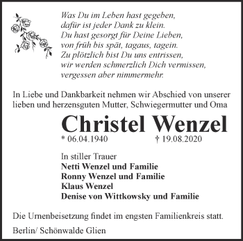 Traueranzeige von Christel Wenzel von Märkische Oderzeitung