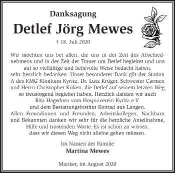 Traueranzeige von Detlef Jörg Mewes von Märkische Oderzeitung