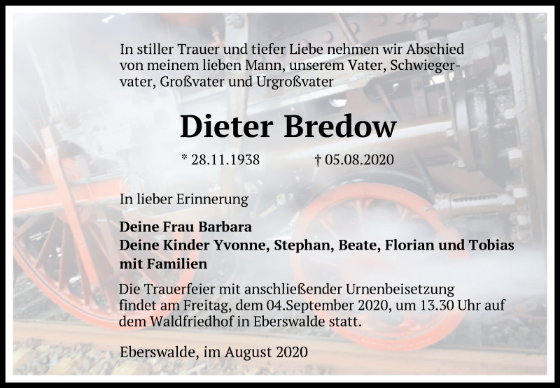  Traueranzeige für Dieter Bredow vom 29.08.2020 aus Märkische Oderzeitung