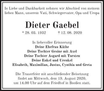 Traueranzeige von Dieter Gaebel von Märkische Oderzeitung