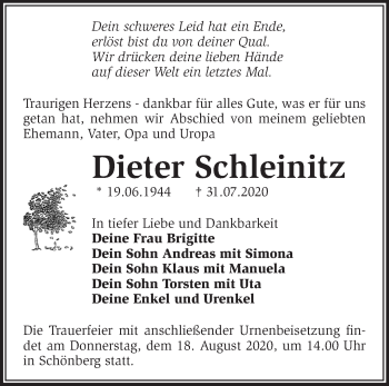 Traueranzeige von Dieter Schleinitz von Märkische Oderzeitung