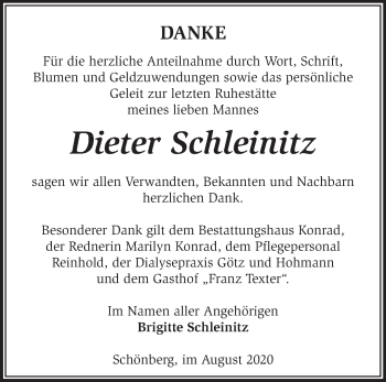 Traueranzeige von Dieter Schleinitz von Märkische Oderzeitung