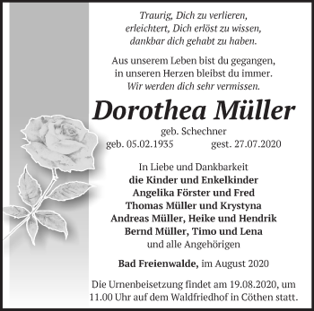 Traueranzeige von Dorothea Müller von Märkische Oderzeitung