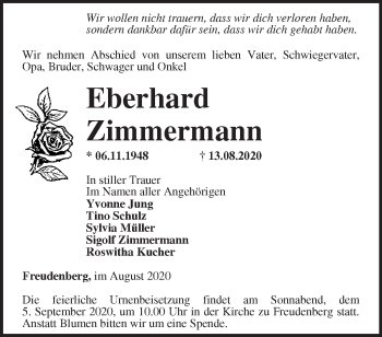 Traueranzeige von Eberhard Zimmermann von Märkische Oderzeitung