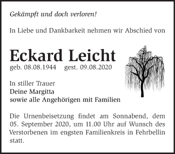 Traueranzeige von Eckard Leicht von Märkische Oderzeitung