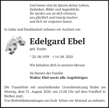 Traueranzeige von Edelgard Ebel von Märkische Oderzeitung