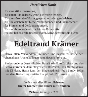 Traueranzeige von Edeltraud Krämer von Märkische Oderzeitung