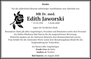 Traueranzeige von Edith Jaworski von Märkische Oderzeitung