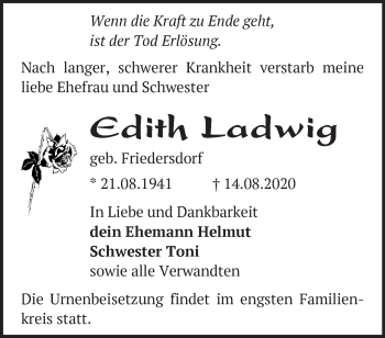 Traueranzeige von Edith Ladwig von Märkische Oderzeitung