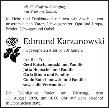 Traueranzeige von Edmund Karzanowski von Märkische Oderzeitung