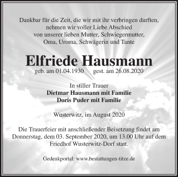 Traueranzeige von Elfriede Hausmann von Märkische Oderzeitung