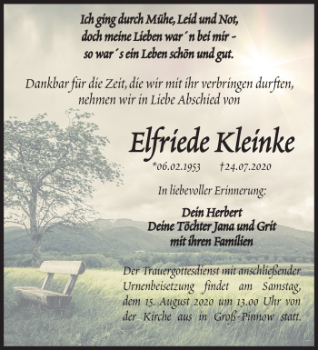 Traueranzeige von Elfriede Kleinke von Märkische Oderzeitung