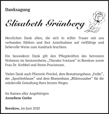 Traueranzeige von Elisabeth Grünberg von Märkische Oderzeitung