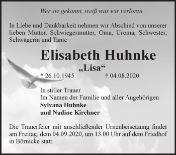 Traueranzeige von Elisabeth Huhnke von Märkische Oderzeitung