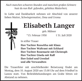 Traueranzeige von Elisabeth Langer von Märkische Oderzeitung