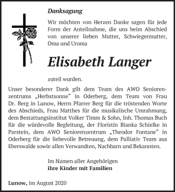 Traueranzeige von Elisabeth Langer von Märkische Oderzeitung