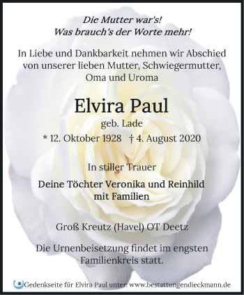 Traueranzeige von Elvira Paul von Märkische Oderzeitung