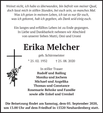 Traueranzeige von Erika Melcher von Märkische Oderzeitung