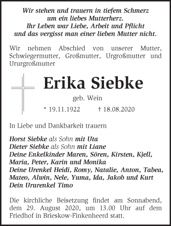 Traueranzeige von Erika Siebke von Märkische Oderzeitung