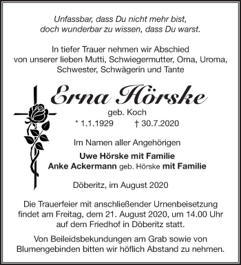 Traueranzeige von Erna Hörske von Märkische Oderzeitung