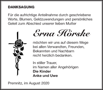 Traueranzeige von Erna Hörske von Märkische Oderzeitung