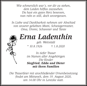 Traueranzeige von Erna Ladenthin von Märkische Oderzeitung