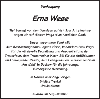 Traueranzeige von Erna Wese von Märkische Oderzeitung