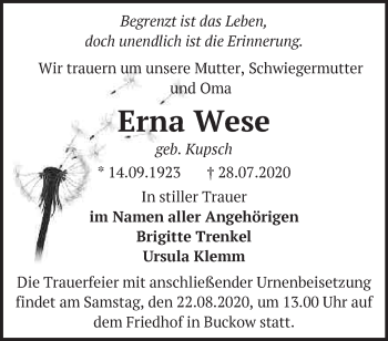 Traueranzeige von Erna Wese von Märkische Oderzeitung