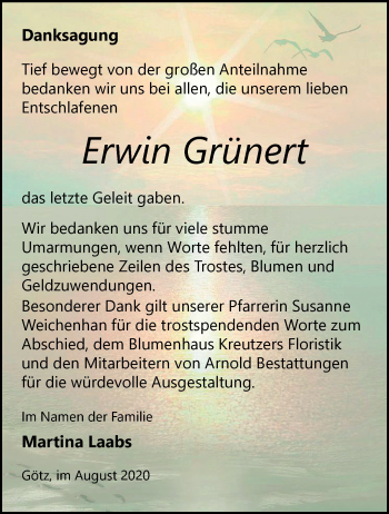 Traueranzeige von Erwin  Grünert von Märkische Oderzeitung