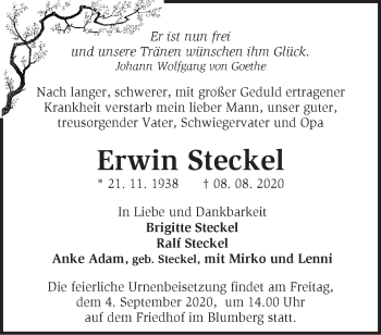 Traueranzeige von Erwin Steckel von Märkische Oderzeitung