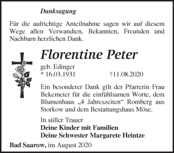 Traueranzeige von Florentine Peter von Märkische Oderzeitung