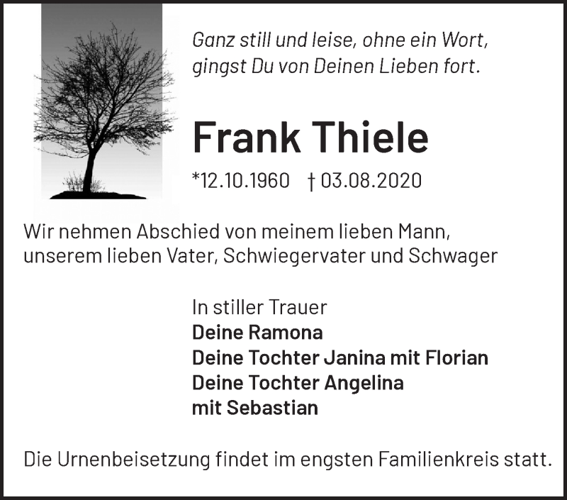  Traueranzeige für Frank Thiele vom 08.08.2020 aus Märkische Oderzeitung