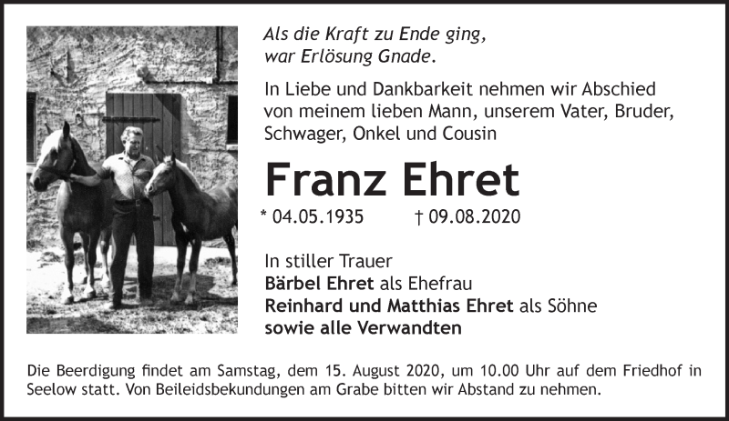  Traueranzeige für Franz Ehret vom 11.08.2020 aus Märkische Oderzeitung