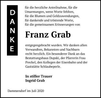 Traueranzeige von Franz Grab von Märkische Oderzeitung