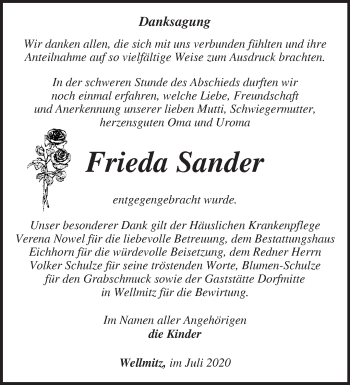 Traueranzeige von Frieda Sander von Märkische Oderzeitung