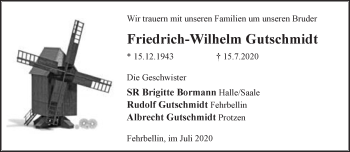 Traueranzeige von Friedrich-Wilhelm Gutschmidt von Märkische Oderzeitung